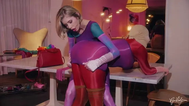 Busty blonde in pantyhose dominated by elegant rival