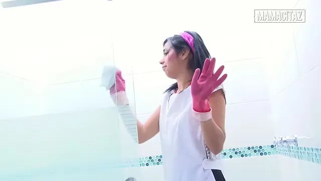 Maid in Tight Outfit Cleans Bathroom