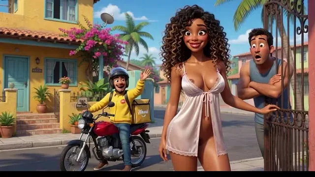 Curly-haired woman undresses for delivery on sofa